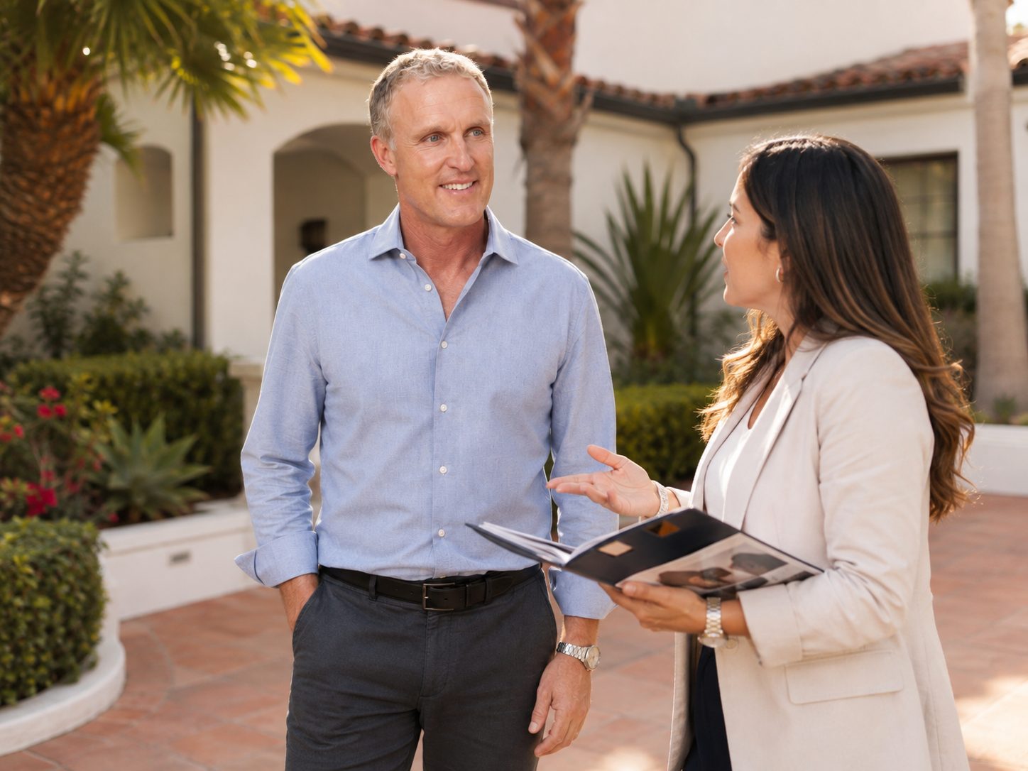 Illustrative scene of Bill Boehm in a mortgage conversation outside a Southern California home